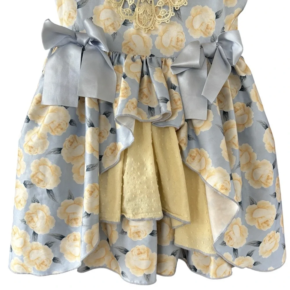 Pettigirl Spring Floral Dress Girls 8 Blue Yellow Lace Mixed Fabric Easter - Picture 4 of 10